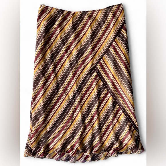 90s Nine West Womens Retro Brown Striped Silk Ruffle Hem Midi A-Line Skirt Large - Picture 1 of 13